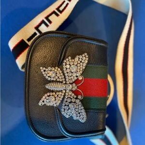 Gucci Black Leather Crossbody with Crystal Butterfly